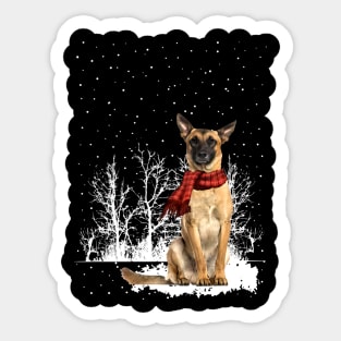 Christmas Belgian Malinois With Scarf In Winter Forest Sticker